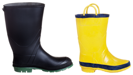 Black wellington boot with thick green sole and child's yellow boot with handles