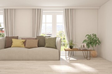 White living room with sofa and summer landscape in window. Scandinavian interior design. 3D illustration