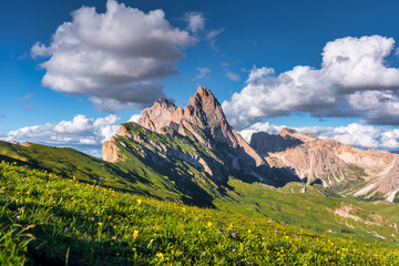 Scenery of Dolomites with the St. John's in Ranui Chapel, Santa Maddalena at sunset. Italy