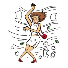 cartoon office woman facing a strong wind blowing on her body