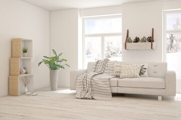 White living room with sofa and winter landscape in window. Scandinavian interior design. 3D illustration