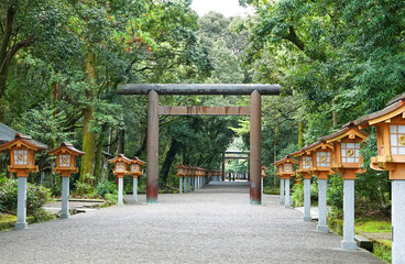 神社の鳥居と灯籠・宮崎神宮の参道