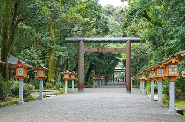 神社の鳥居と灯籠・宮崎神宮の参道