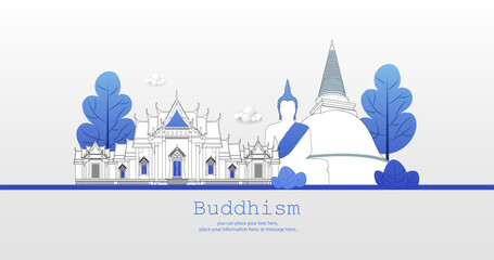 Buddha temple with cyan blue paper cut waves modern concept d - Wat Benchamabophit vector background