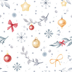 Obraz na płótnie Canvas Watercolor hand drawn seamless pattern. Winter decorative twigs, branches, snowflakes. Branches with Christmas decorations, balls, icicles, stars isolated on white background. New year illustrations.