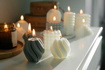 Handmade natural wax and soy burning candles. Concept of mental health, self care, mindfulness lifestyle - 522172249