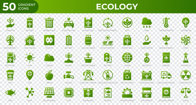 Set of 50 Ecology web icons in gradient style. Recycling, biology, renewable energy. Gradient icons collection. Vector illustration