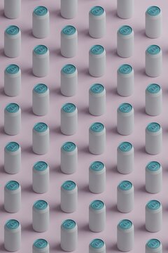 3d abstraction of metal cans white and  blue arranged on a background