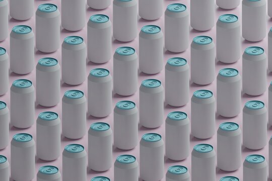 3d abstraction of metal cans white and  blue arranged on a background