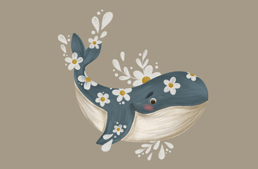 Cute whale with flowers. Digital illustration
