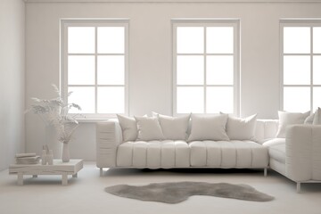Fototapeta premium White minimalist living room with sofa. Scandinavian interior design. 3D illustration