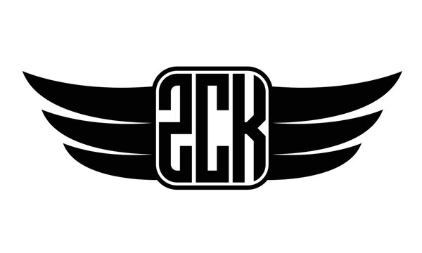 ZCK three-letter Wing black and white logo design. Vector template