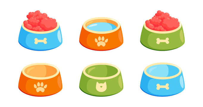 Pet bowl with food and water. Bowl for cat or dog for kibbles and water. Vector illustration in cute cartoon style