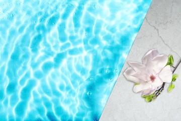 Fototapeta na wymiar Fresh flower on pool side with blue water waves. Summer minimal