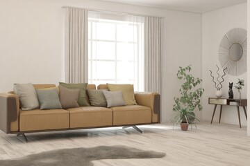 White living room with sofa. Scandinavian interior design. 3D illustration