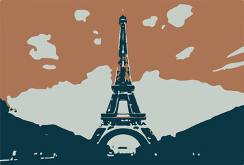 The iconic Eiffel Tower of France painted in earth tones. brown mixed with dark blue