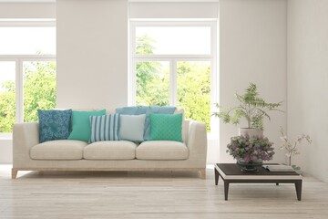 White living room with sofa and summer landscape in window. Scandinavian interior design. 3D illustration