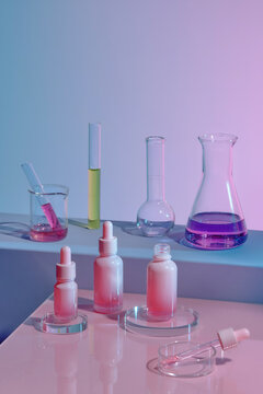 Lab equipment, glassware kit filled with various colored liquids