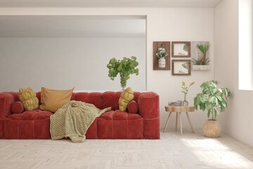White living room with sofa. Scandinavian interior design. 3D illustration