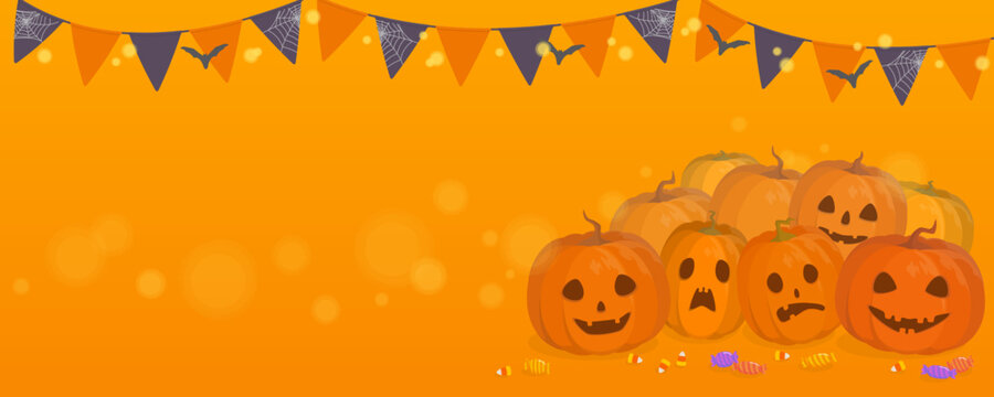 Halloween party background. Vector illustration of pumpkins and bunting garland.