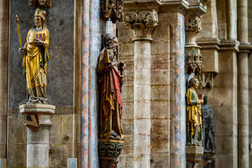 Religious stone carvings in the interior of St. Lorenz (St. Lawrence); a medieval church in the city of Nuremberg in southern Germany