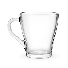 Blank empty glass mug isolated on white.