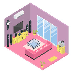 Fototapeta premium Isometric Living Room with Large Windows and Home Theater 