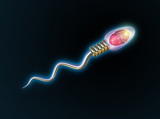 Digital technology human sperm swimming on black background, 3d Rendering Image.