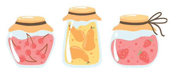 A set of jars with jam. Collection of jam. Jam with strawberries, cherries and pears. Vector illustration. Homemade marmalade.