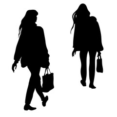 Vector two silhouettes of a young woman, side view of the girl, back view. A woman shopper walks with a bag in her hand