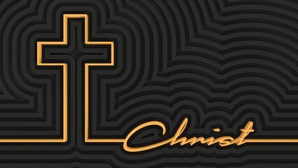 Cross and Christ word in thin lines style. 3D render