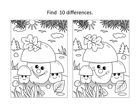 Three mushrooms find the differences picture puzzle and coloring page
