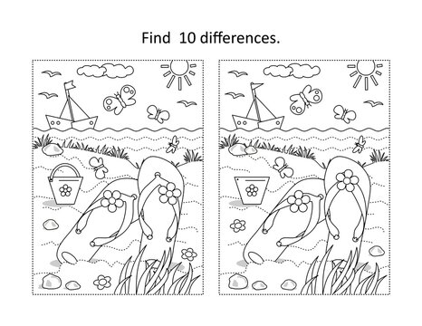 Summer vacation find the differences picture puzzle and coloring page

