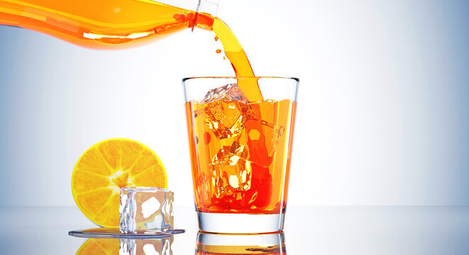 3D Pouring Orange juice water splashing flow few bubble and some cube ice half slice of ripe sweet tangerine orange in fresh clear glass on shiny gradient dark blue background