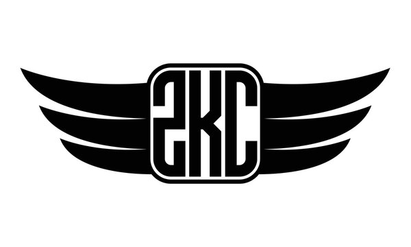 ZKC three-letter Wing black and white logo design. Vector template