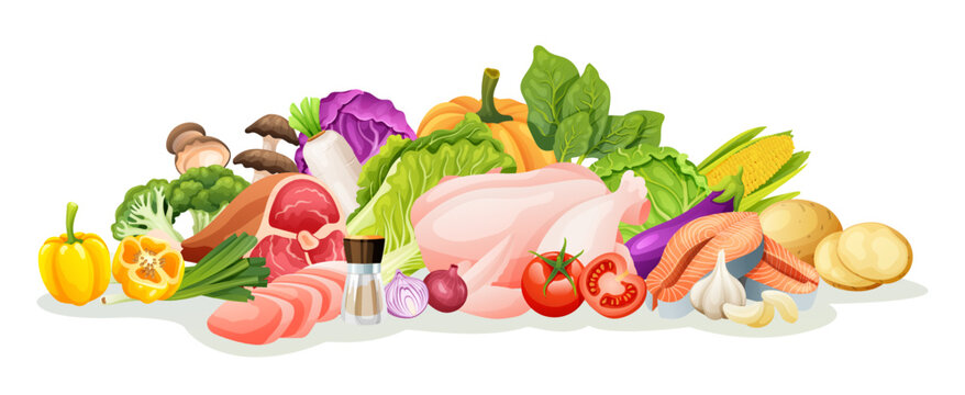Set of meat and vegetable illustrations. Healthy food vector cartoon