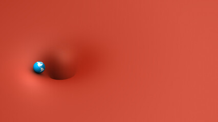 大きな深い穴にまさにすいこまれそうな地球。地球温暖化による不可逆的な環境破壊の進行。