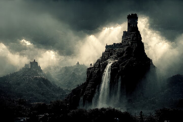 Fototapeta premium Painting of a castle on top of a mountain above a waterfall.