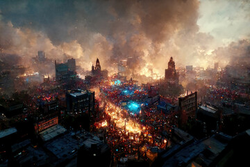 Naklejka na ściany i meble Painting aerial view of a city full of riots.