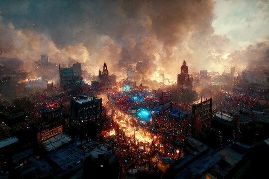Painting aerial view of a city full of riots.