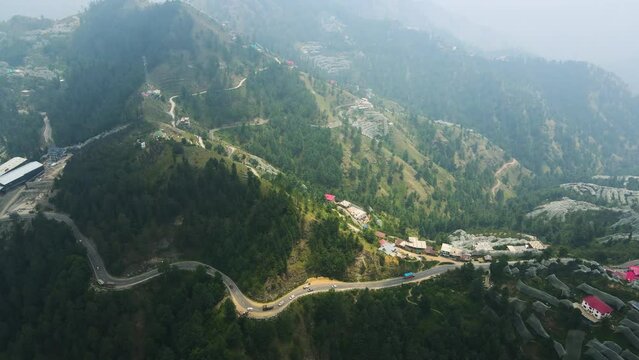 Aerial drone shot of NH22, Shimla to Spiti. Traffic in Mountains.