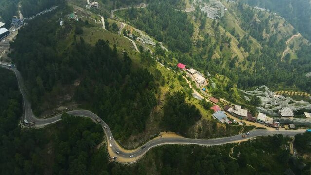 Aerial drone shot of NH22, Shimla to Spiti. Traffic in Mountains.