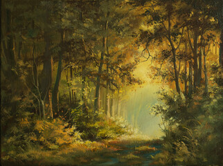 Sunrise beautiful forest landscape, sunbeams Magic Fantasy Mystic dark Woodland walk Green Grass Trees summer autumn, Road Way trail path through spruce sunset fog,  oil painting cavas, printable art 