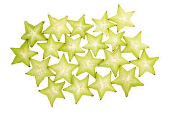 Star fruit or carambola slices on white background. top view