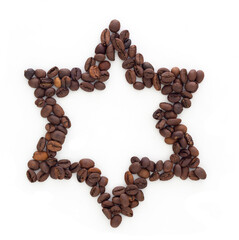 David star symbol from coffee beans on white background