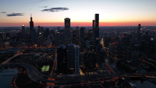 Chicago Downtown Sunset Beachfront Drone shot 