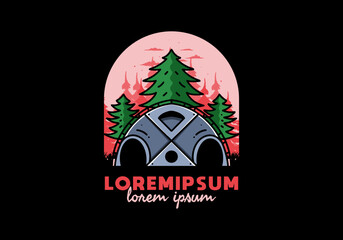 Big family tent and pine trees illustration badge design