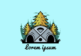 Big family tent and pine trees illustration badge design