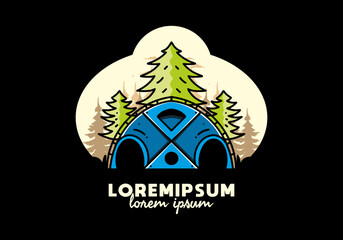 Big family tent and pine trees illustration badge design
