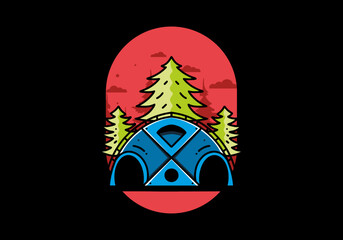 Big family tent and pine trees illustration badge design